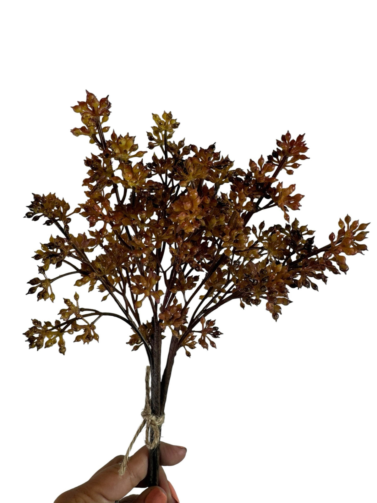 Artificial Bloom decorative botanical stem bundle in amber and bronze tones tied with natural twine