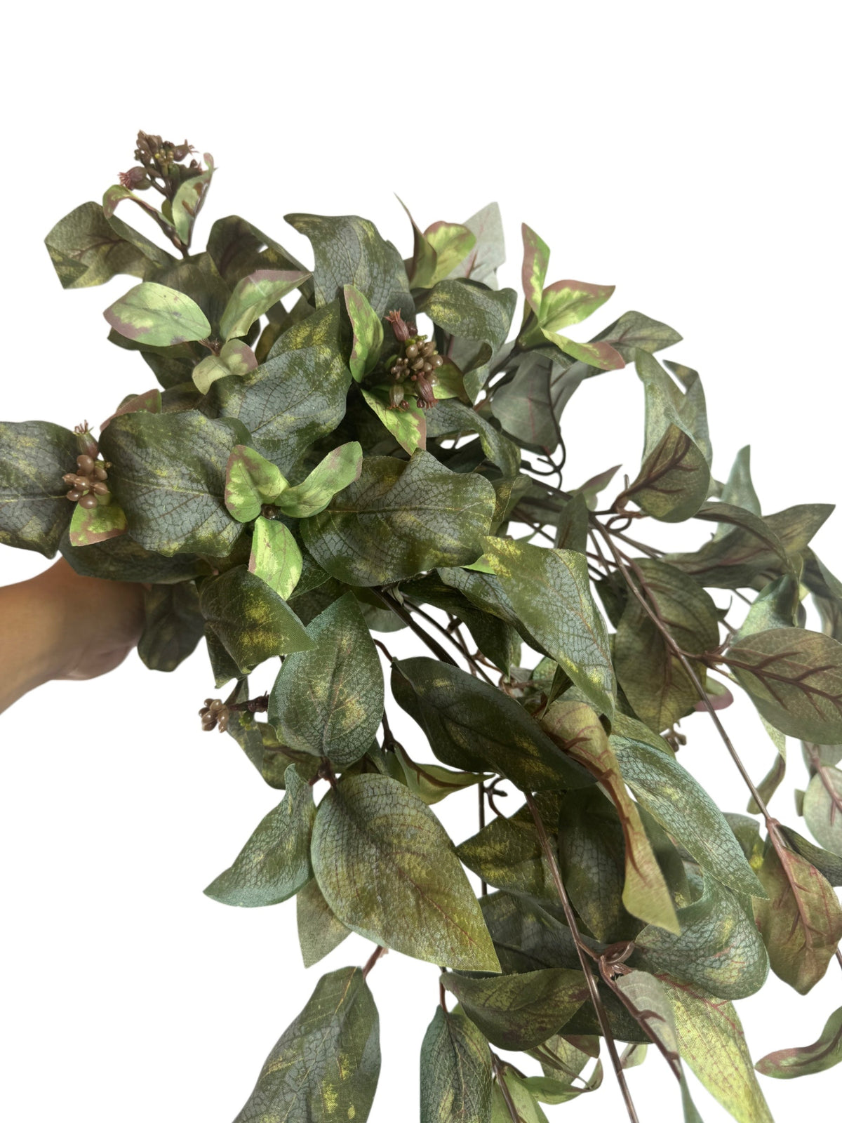 Artificial Bloom faux foliage stem with variegated forest green and burgundy leaves on a flexible branch
