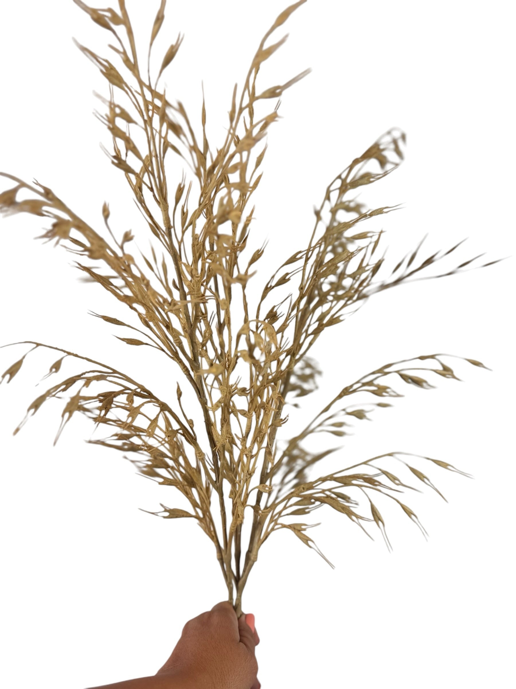 Artificial Bloom artificial dried grass stem in a warm tan hue with wispy, realistic botanical texture.