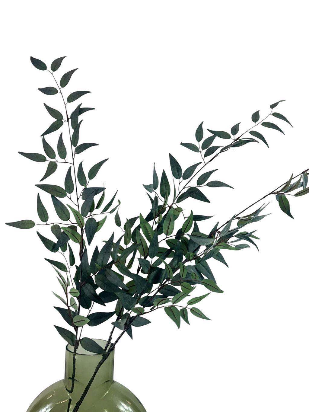 Artificial Bloom artificial eucalyptus stems with deep green leaves in a green glass vase against a white background