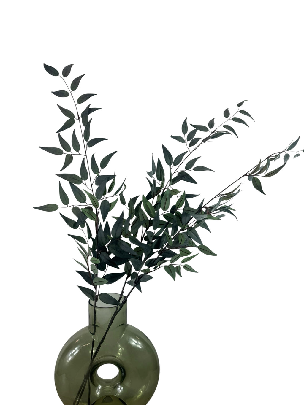 Artificial Bloom artificial eucalyptus stems with deep green leaves in a round green glass vase against white background