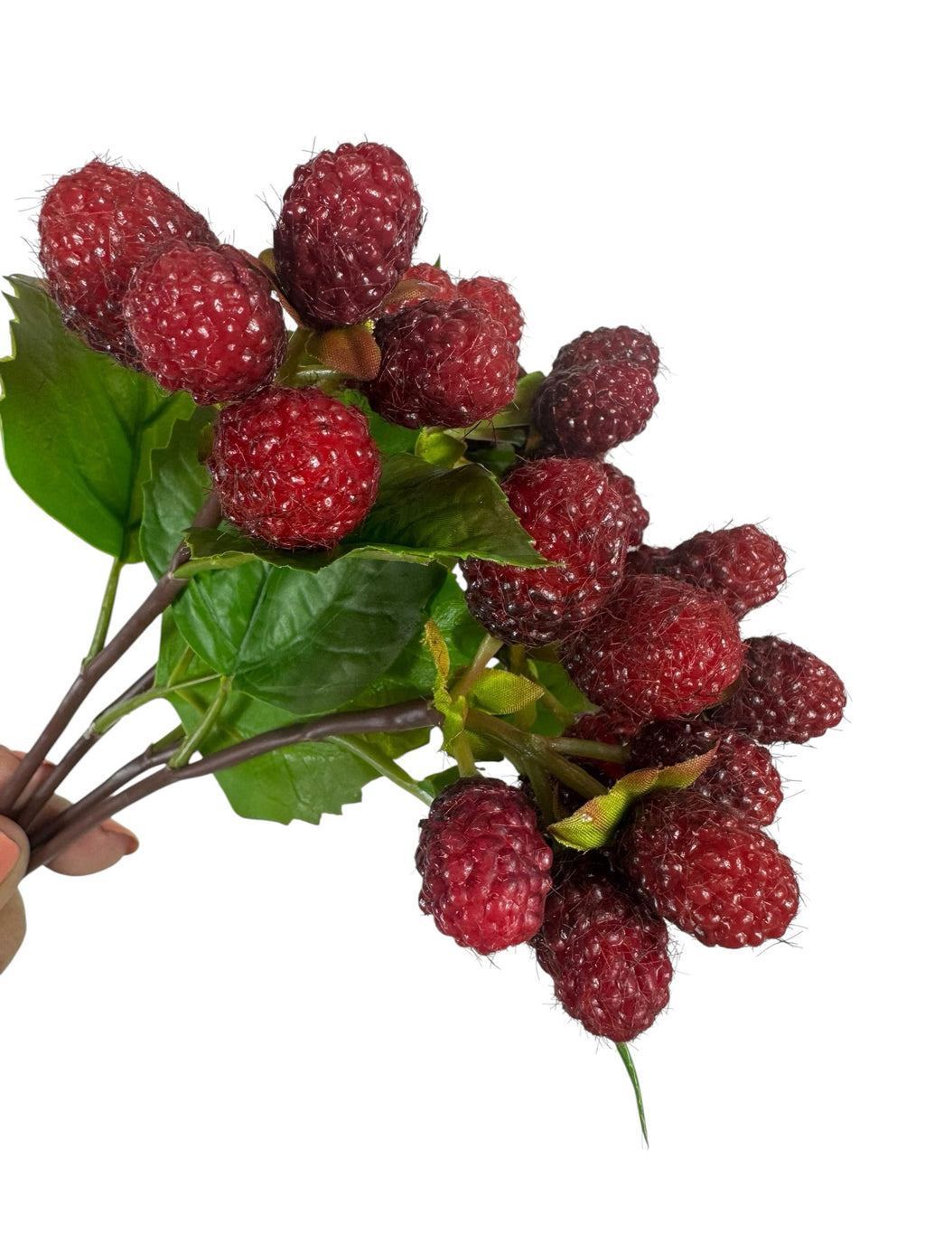 Artificial Bloom artificial raspberry stem with textured deep red berries and vibrant green leaves for home decor