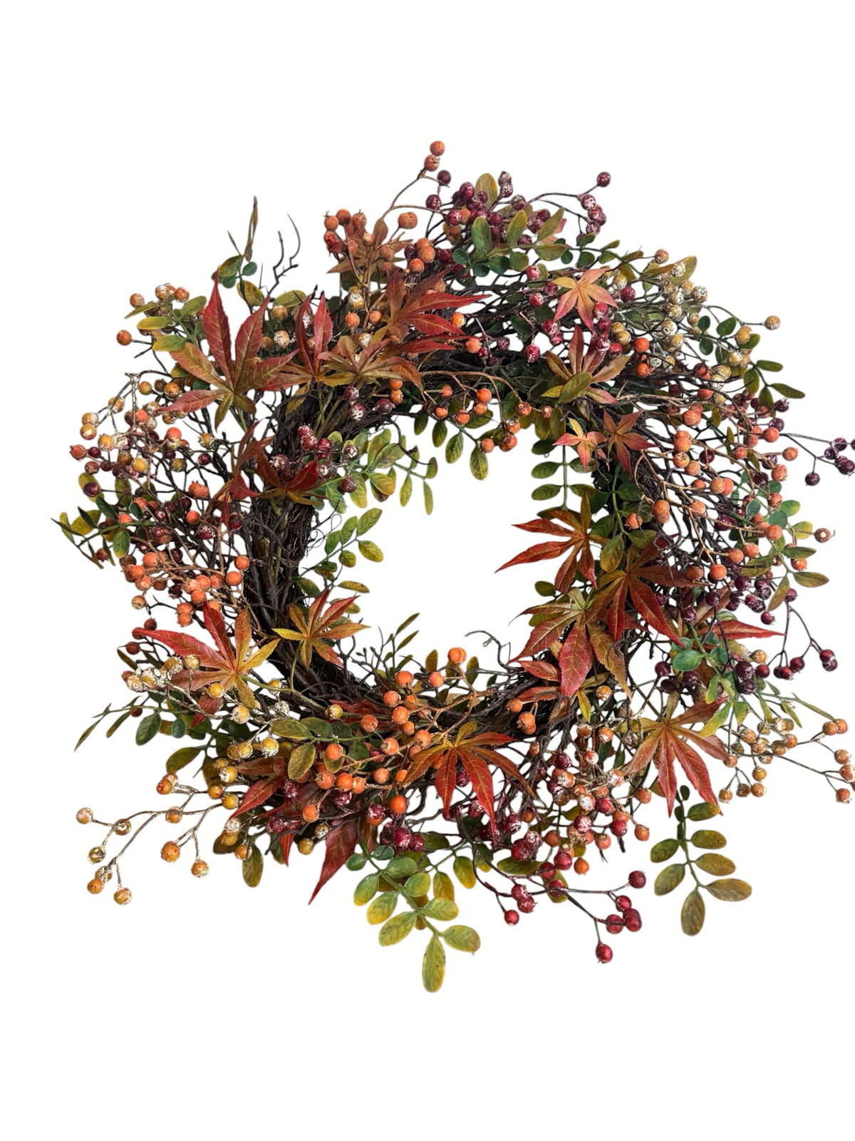 Artificial Bloom autumn harvest wreath featuring vibrant maple leaves and realistic berries on a rustic twig base.