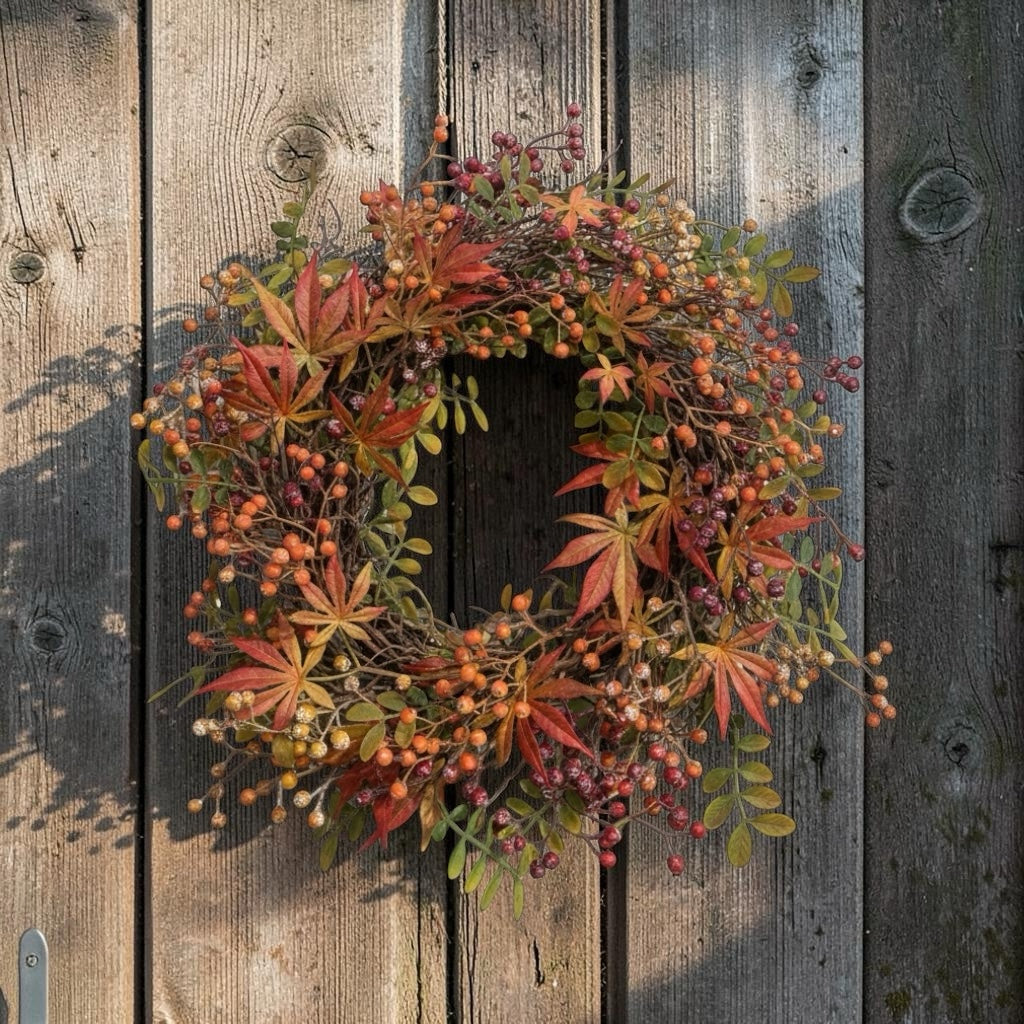 Artificial Bloom autumn harvest wreath with maple leaves and berries on a rustic twig base against a wooden door.