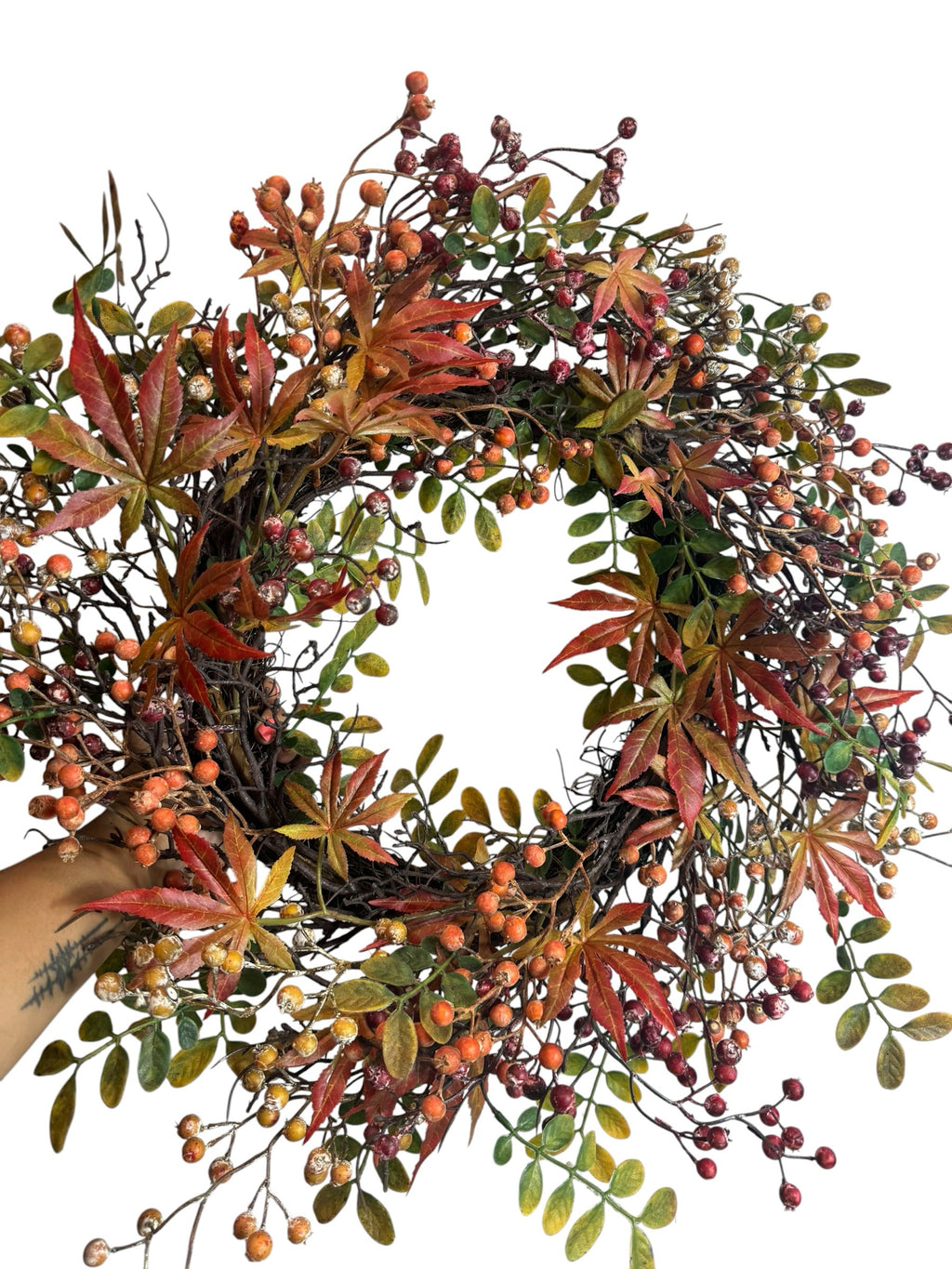 Artificial Bloom autumn harvest wreath with maple leaves and berries on a rustic twig base for seasonal home decor