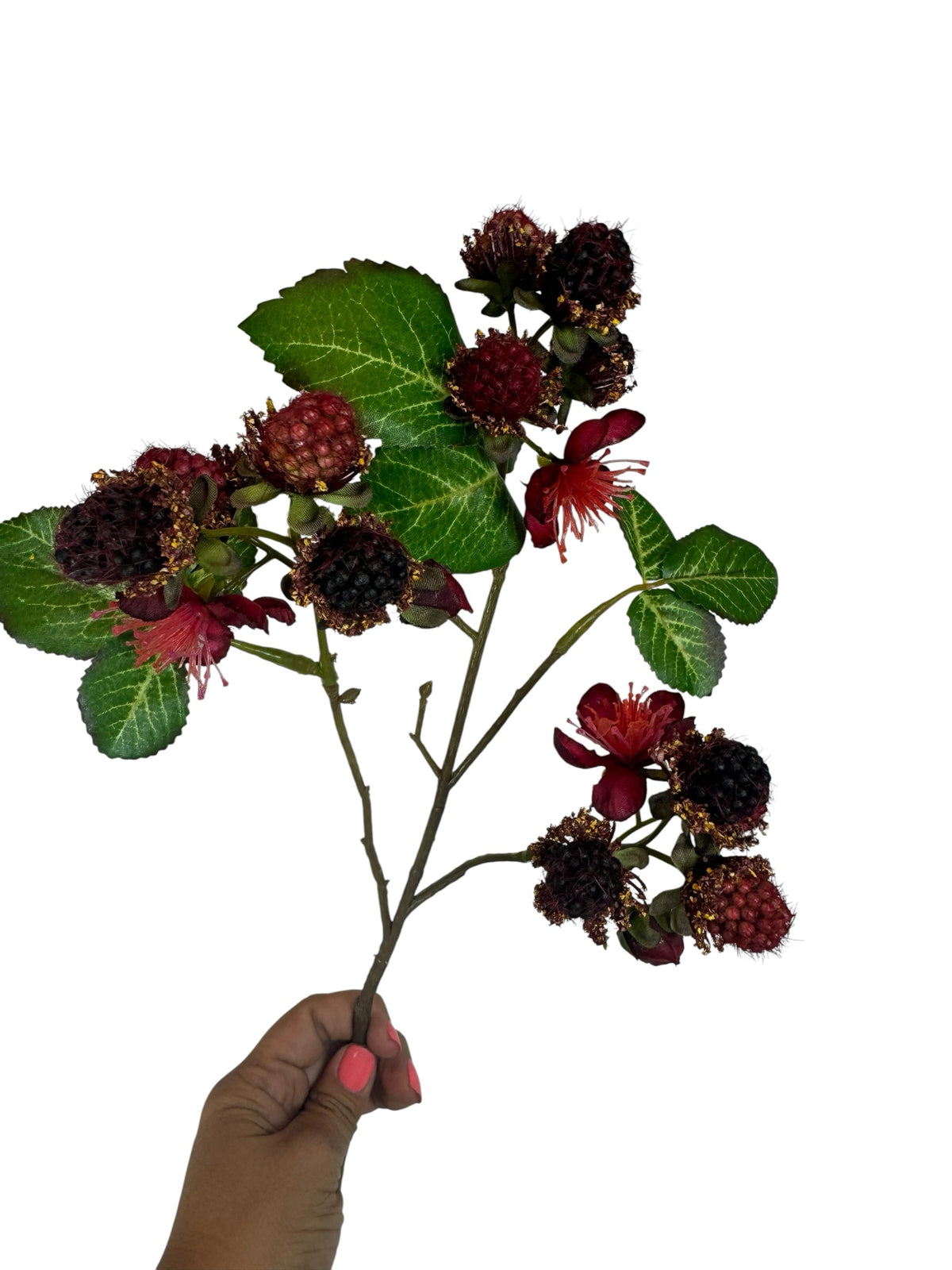 Artificial Bloom artificial blackberry stem with dark berries, red blossoms, and green leaves held by a hand