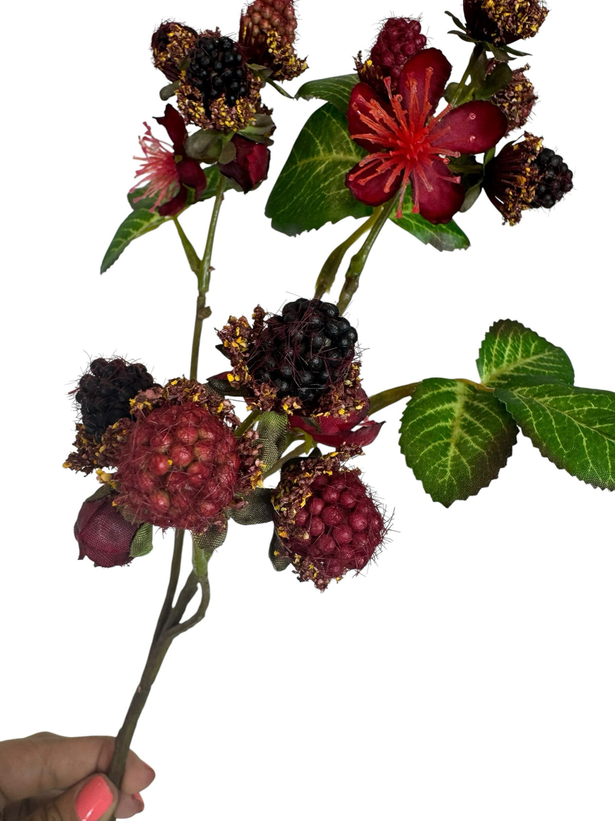 Artificial Bloom decorative blackberry stem with dark berries, red blossoms, and green leaves for autumn home decor.