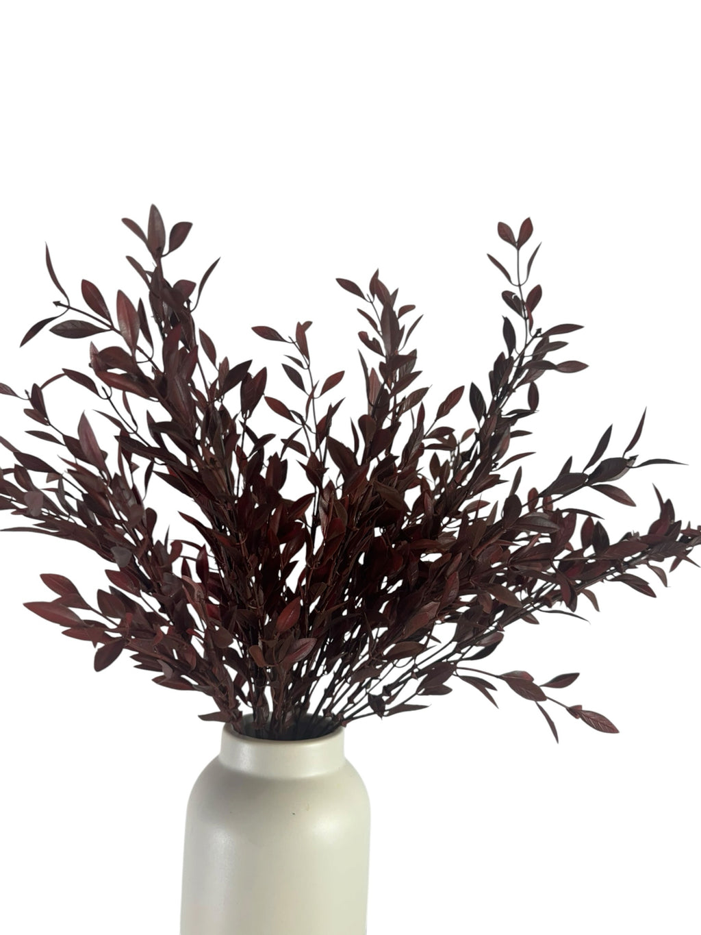 Artificial Bloom deep burgundy faux leafy branches in a minimalist white ceramic vase for home decor