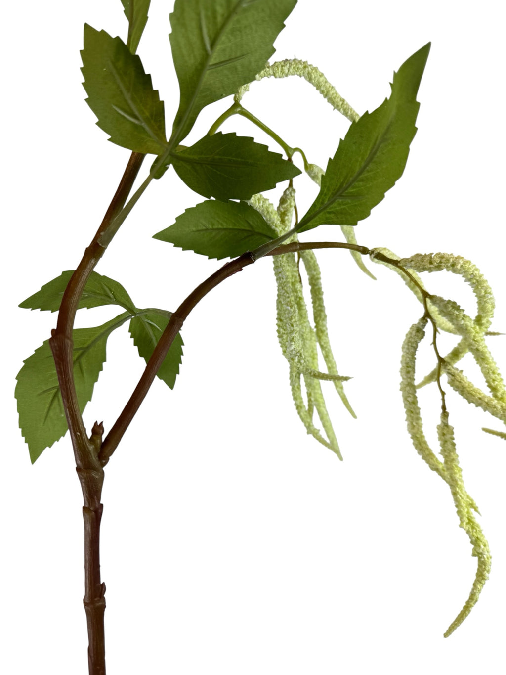 Artificial Bloom cascading amaranth stem with pale green hanging blooms and realistic textured leaves on a brown stalk.