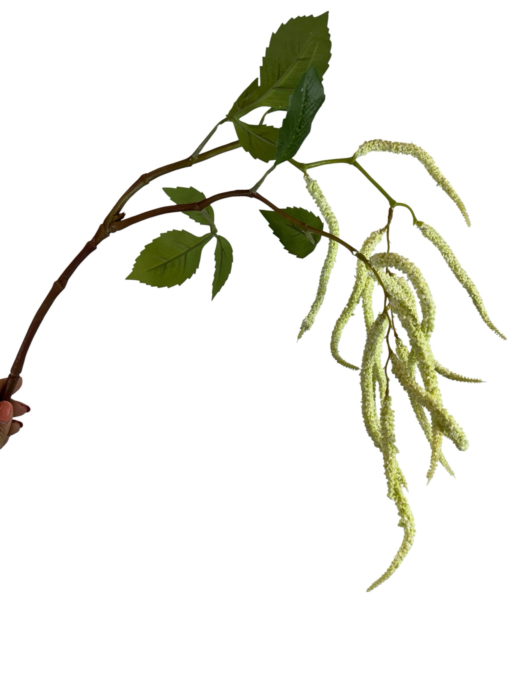 Artificial Bloom cascading pale green amaranth decorative stem with realistic textured foliage on a white background