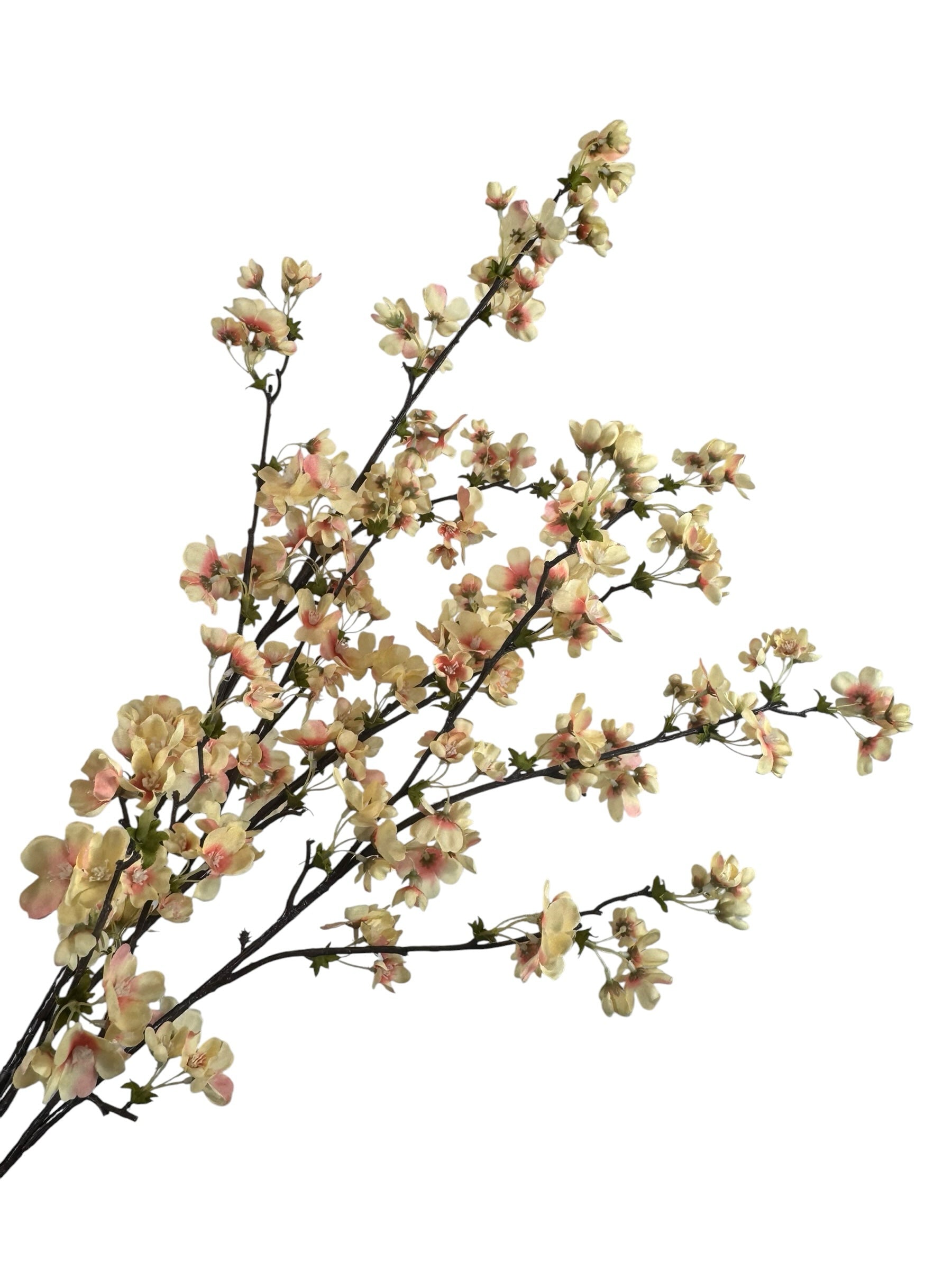 Artificial Bloom decorative cherry blossom branch with cream petals and blush-pink centers on dark textured stems
