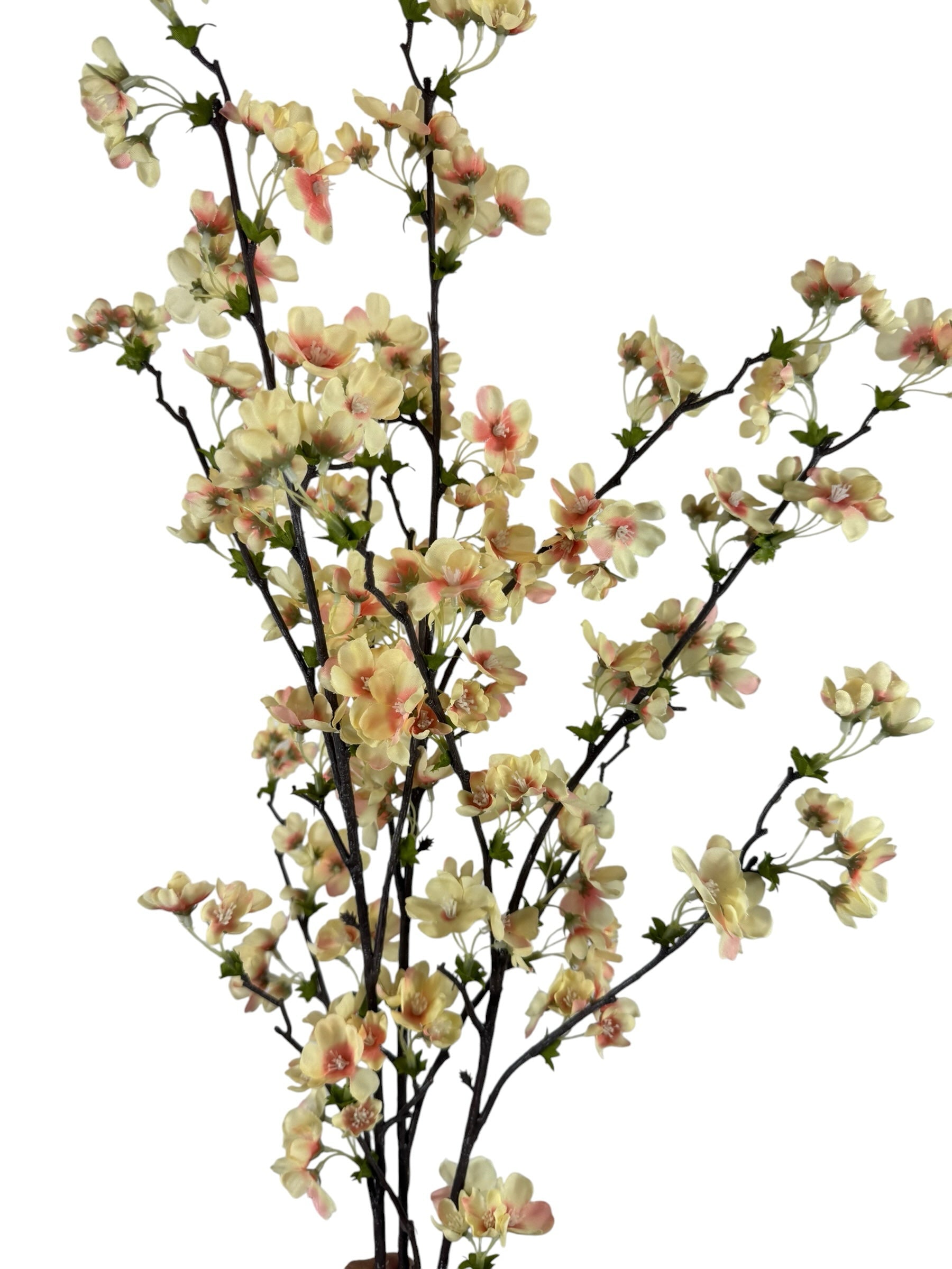 Artificial Bloom decorative cherry blossom branch with cream petals and blush-pink centers on dark textured stems