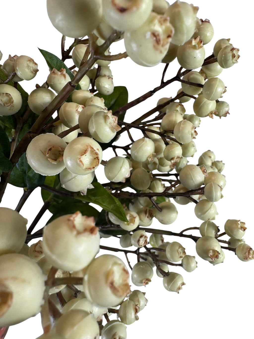 Artificial Bloom decorative floral stem featuring clusters of creamy off-white berries and deep green leaves