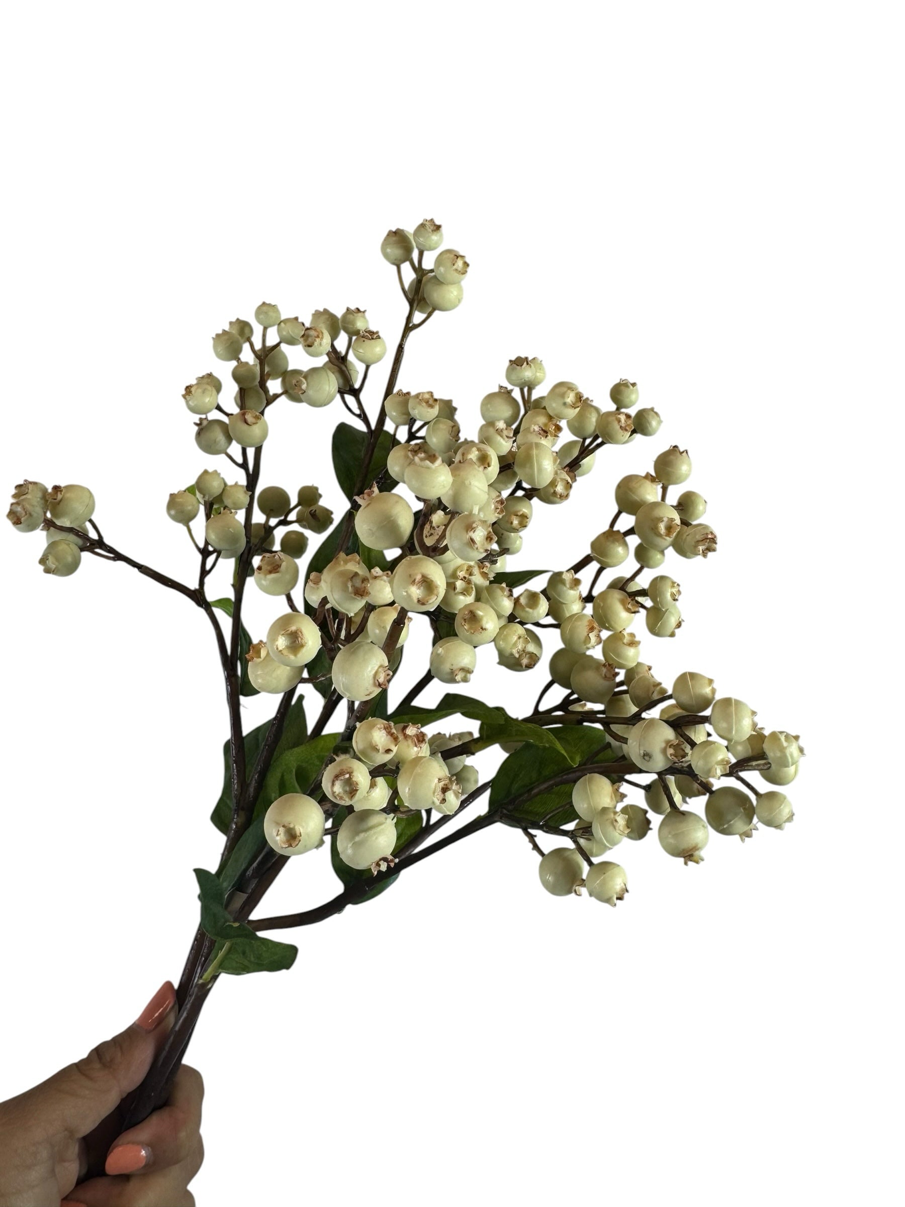 Artificial Bloom decorative floral stem featuring creamy off-white berries and green leaves on slender brown branches.