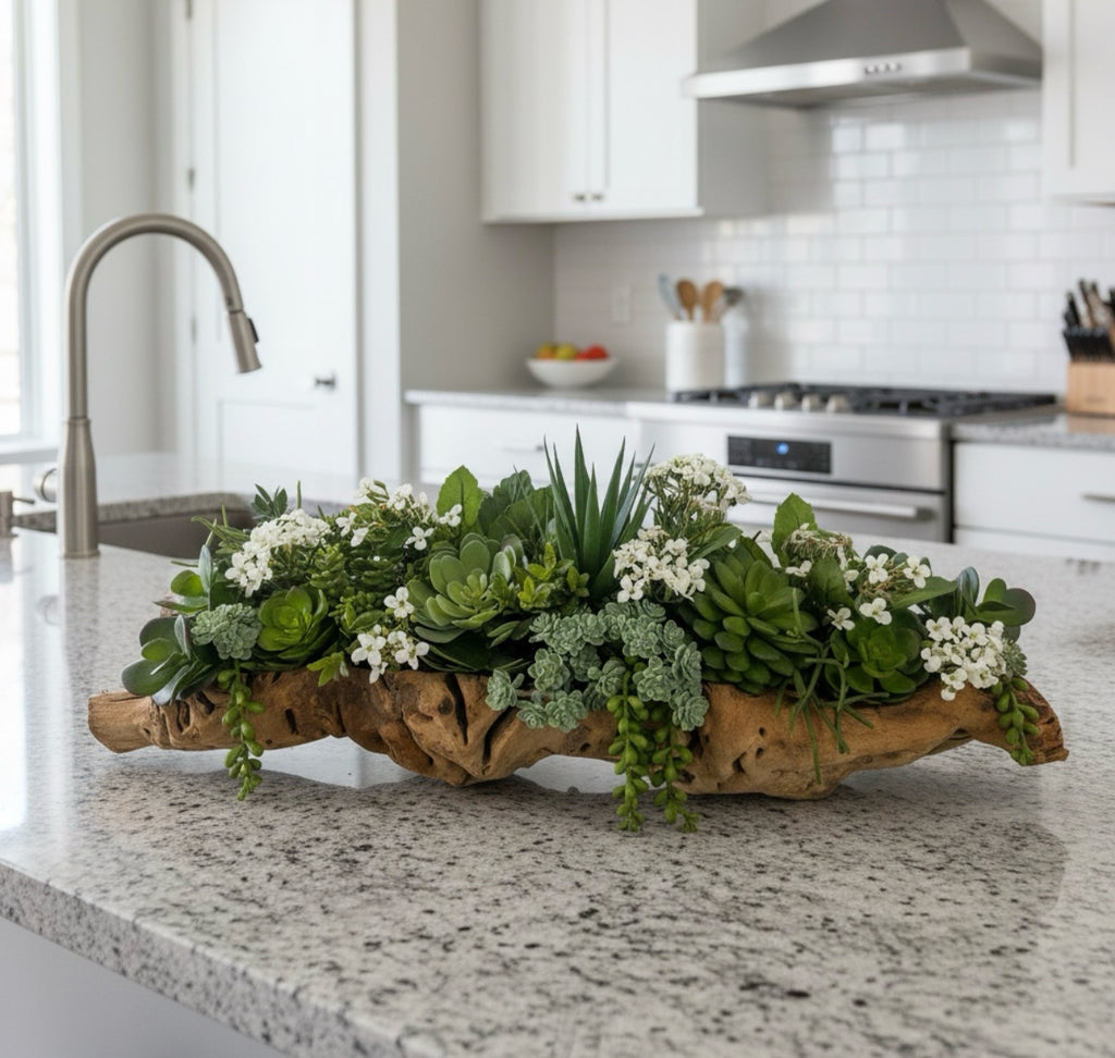 Artificial Bloom succulent arrangement with white flowers in a rustic driftwood base on a kitchen countertop.