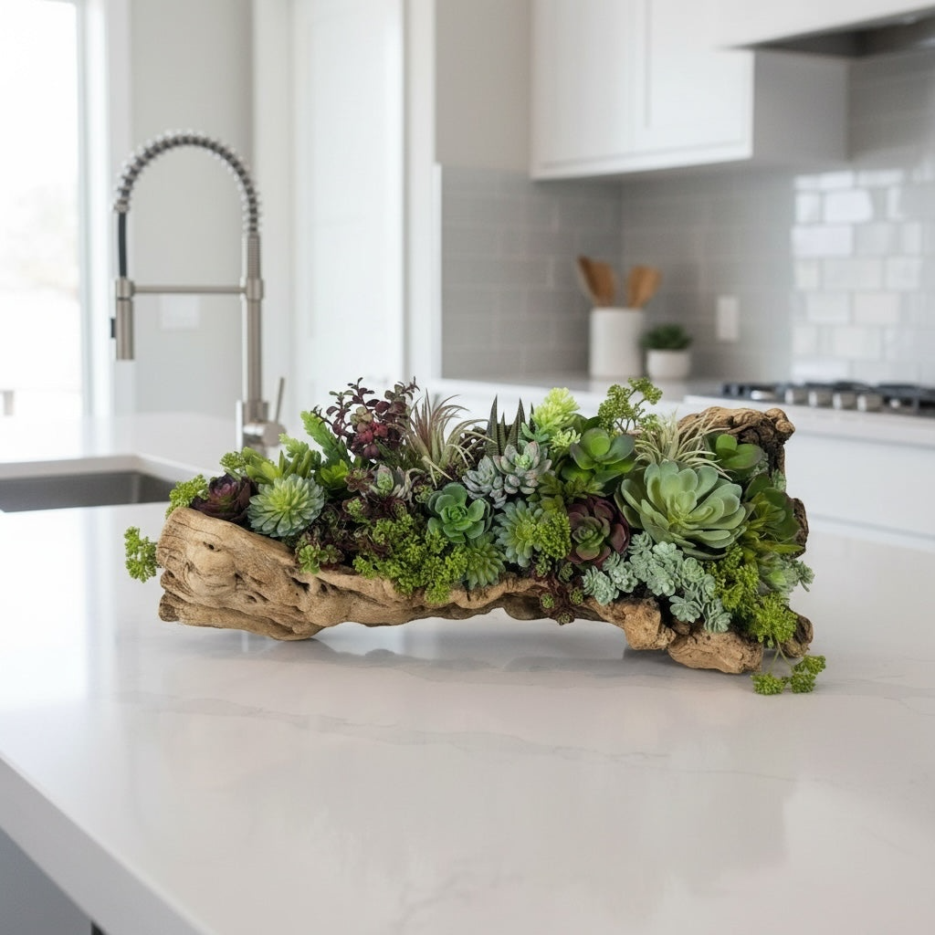 Artificial Bloom succulent arrangement in a rustic driftwood planter featuring sage, green, and burgundy foliage.