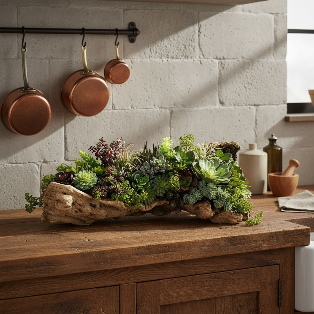 Artificial Bloom succulent arrangement in a rustic driftwood planter featuring sage, green, and burgundy foliage.