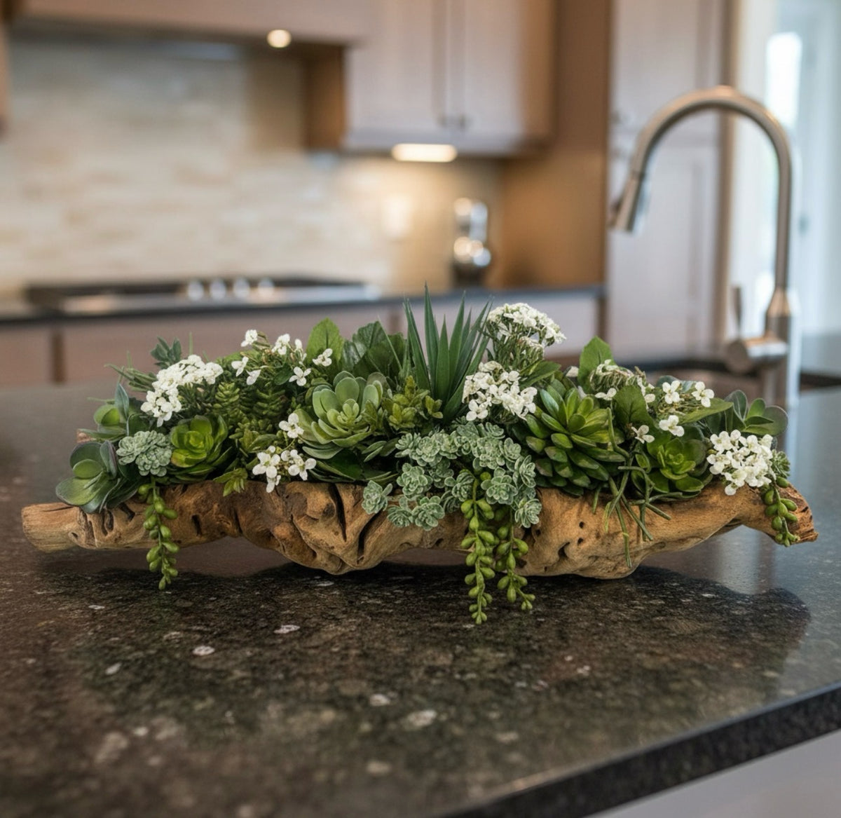 Artificial Bloom artificial succulent arrangement with white flowers in a rustic driftwood base on a kitchen counter