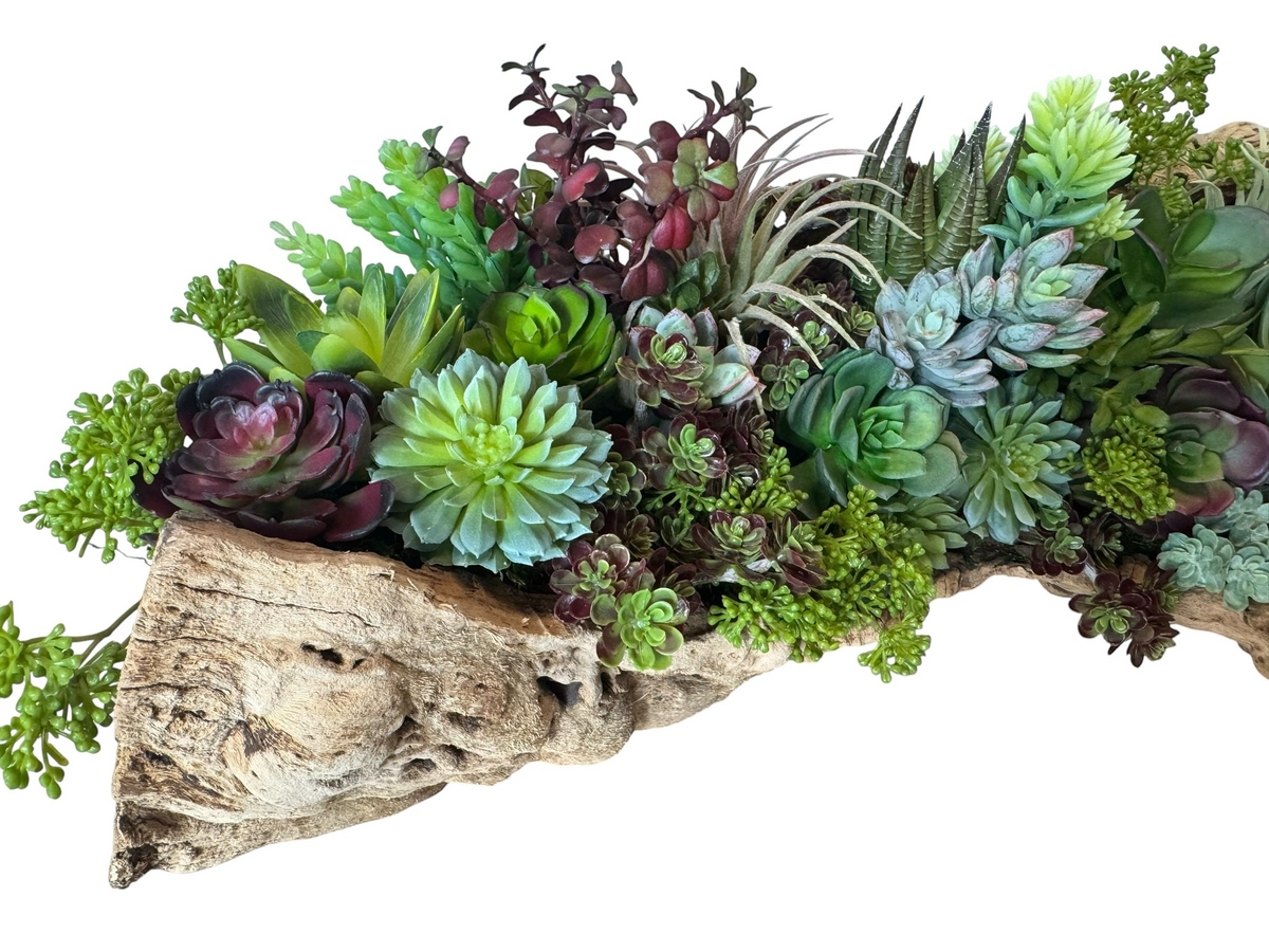 Artificial Bloom artificial succulent arrangement in a rustic weathered driftwood planter with green and burgundy tones