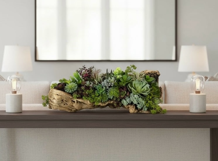 Artificial Bloom artificial succulent arrangement in a rustic driftwood planter on a console table.