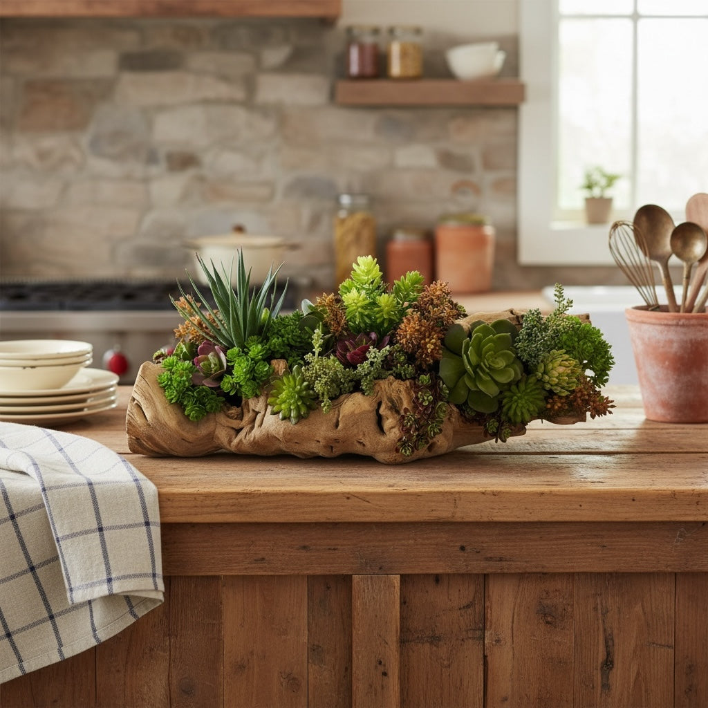 Artificial Bloom succulent arrangement featuring vibrant green and purple plants in a rustic natural driftwood base.