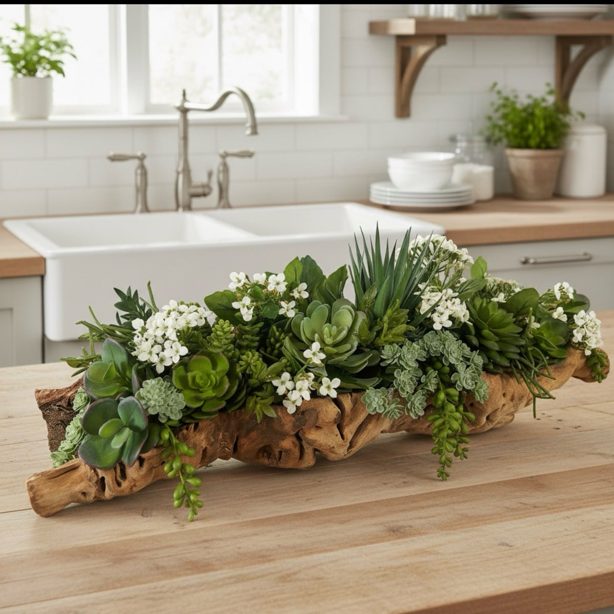 Artificial Bloom succulent arrangement with white flowers in a rustic driftwood base on a wooden kitchen countertop.