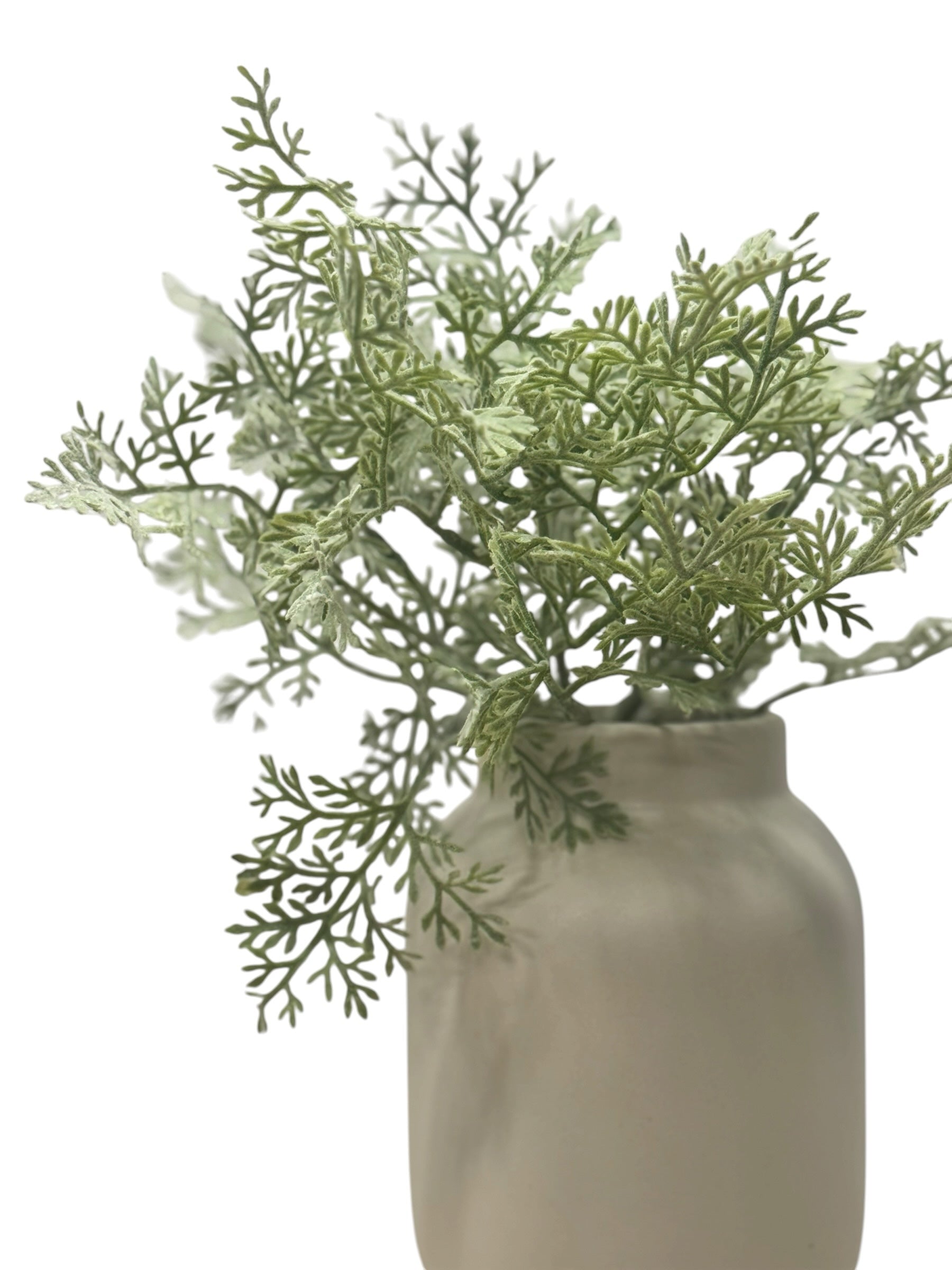 Artificial Bloom potted dusty miller plant with sage green fern-like foliage in a sleek neutral ceramic vase.