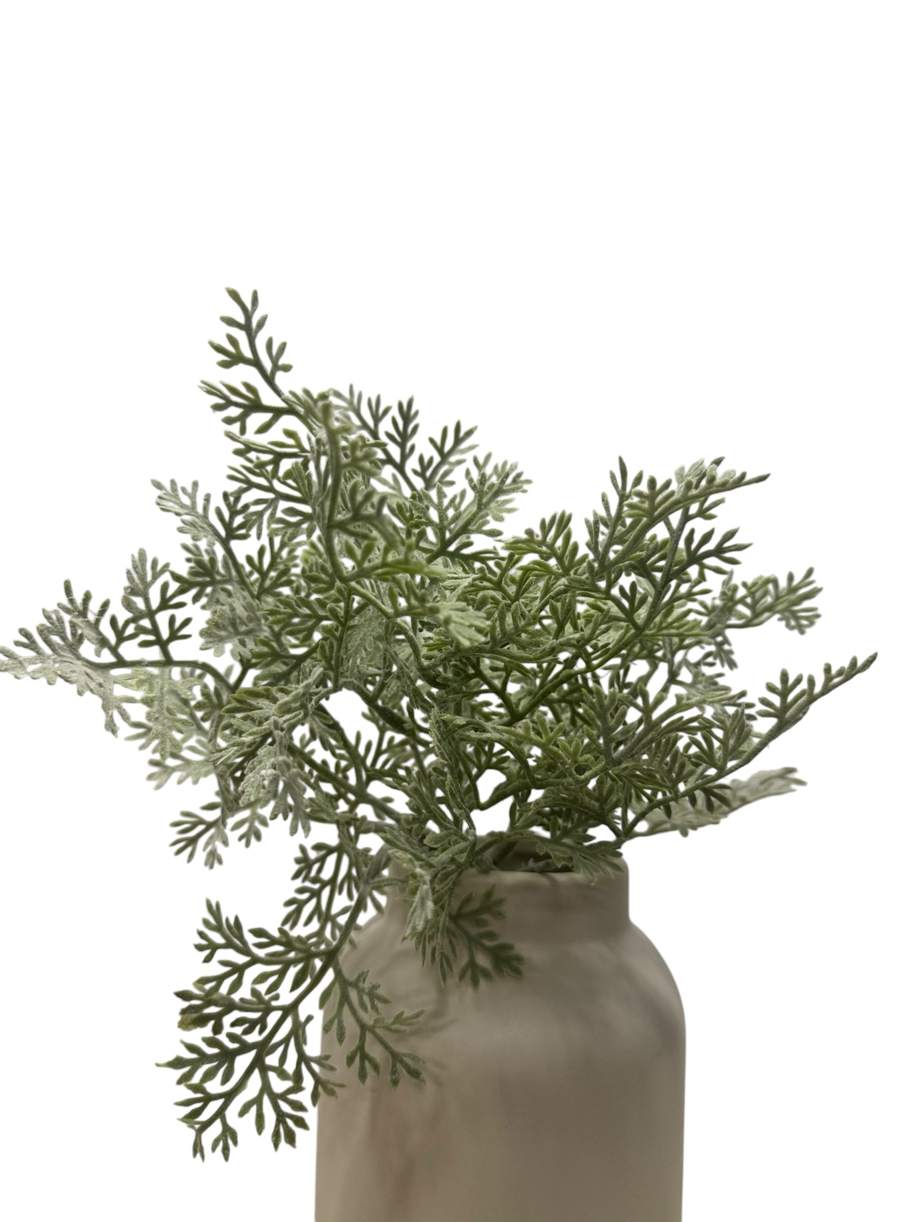 Artificial Bloom dusty miller plant with sage green textured foliage in a neutral ceramic vase