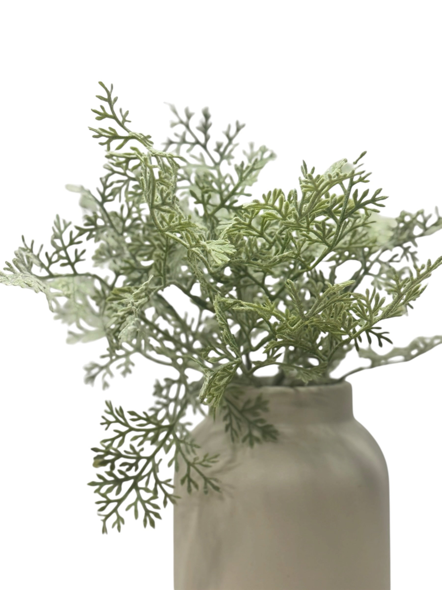 Artificial Bloom potted dusty miller plant with sage green textured foliage in a neutral ceramic vase