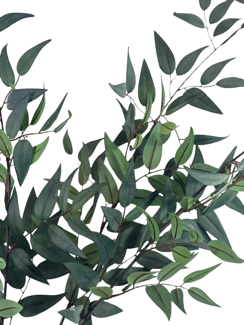 Artificial Bloom artificial eucalyptus decorative stem with realistic deep green leaves on a white background