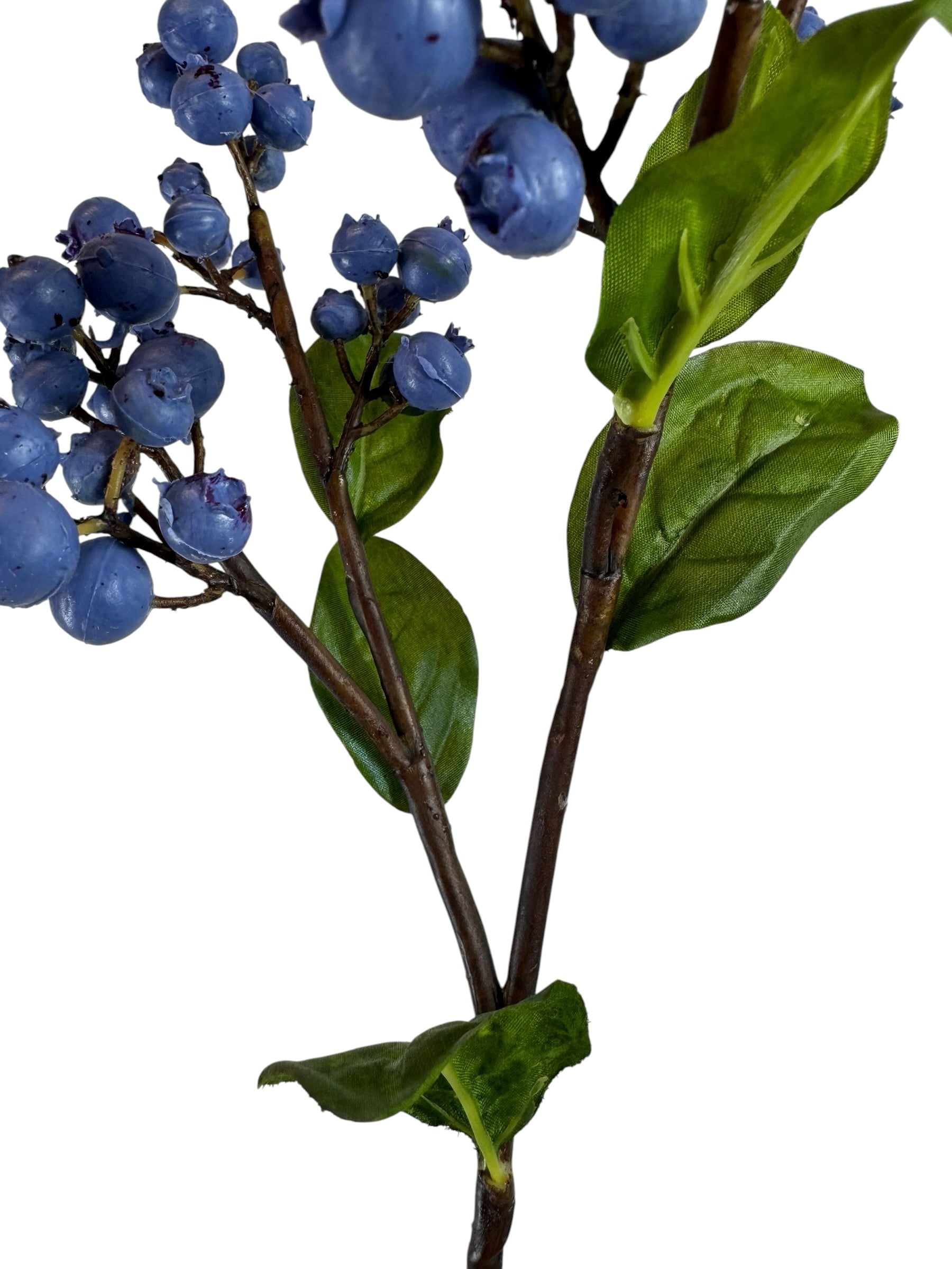 Artificial Bloom decorative faux blueberry stem with realistic deep blue berries and vibrant green leaves on brown twigs