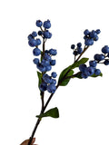 Artificial Bloom faux blueberry stem with realistic deep blue berries and vibrant green leaves on a brown branch