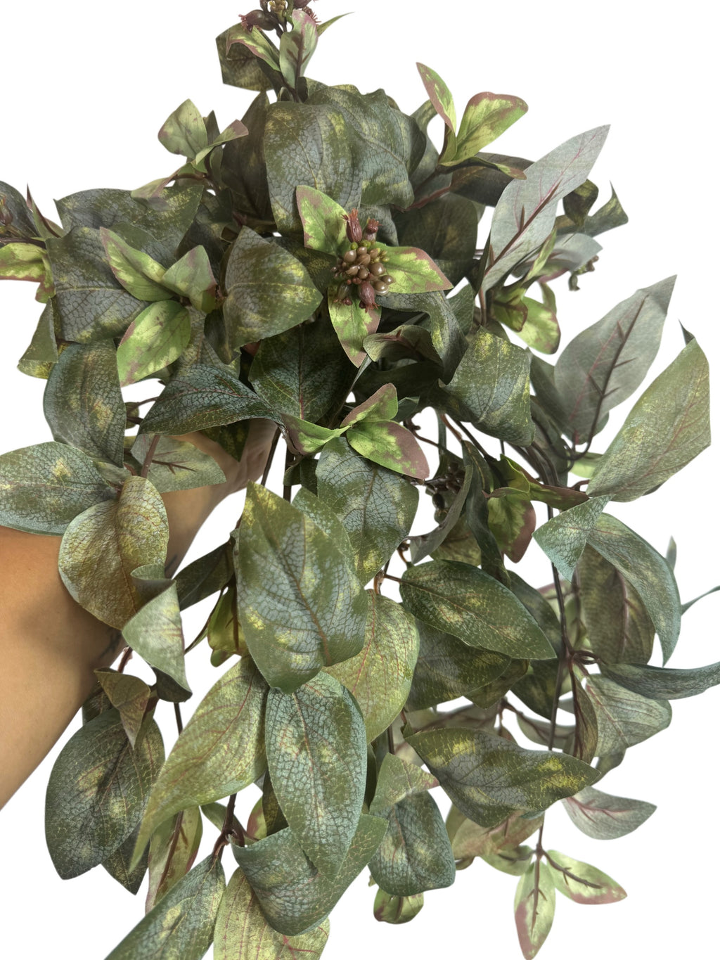 Artificial Bloom faux foliage stem with variegated forest green and burgundy leaves on a flexible branch