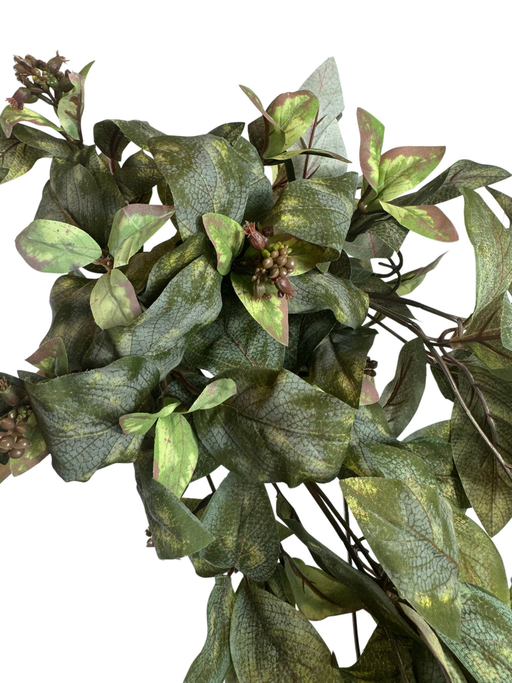Artificial Bloom faux foliage stem with variegated forest green, olive, and burgundy leaves and small brown berries.