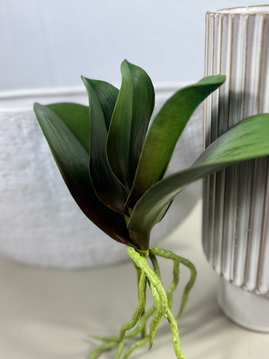 Artificial Bloom artificial orchid plant base with deep green leaves and textured light green aerial roots