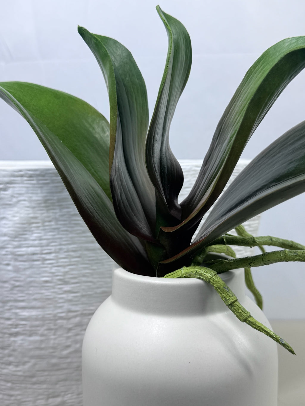 Artificial Bloom artificial orchid plant with deep green leaves and textured aerial roots in a white ceramic vase