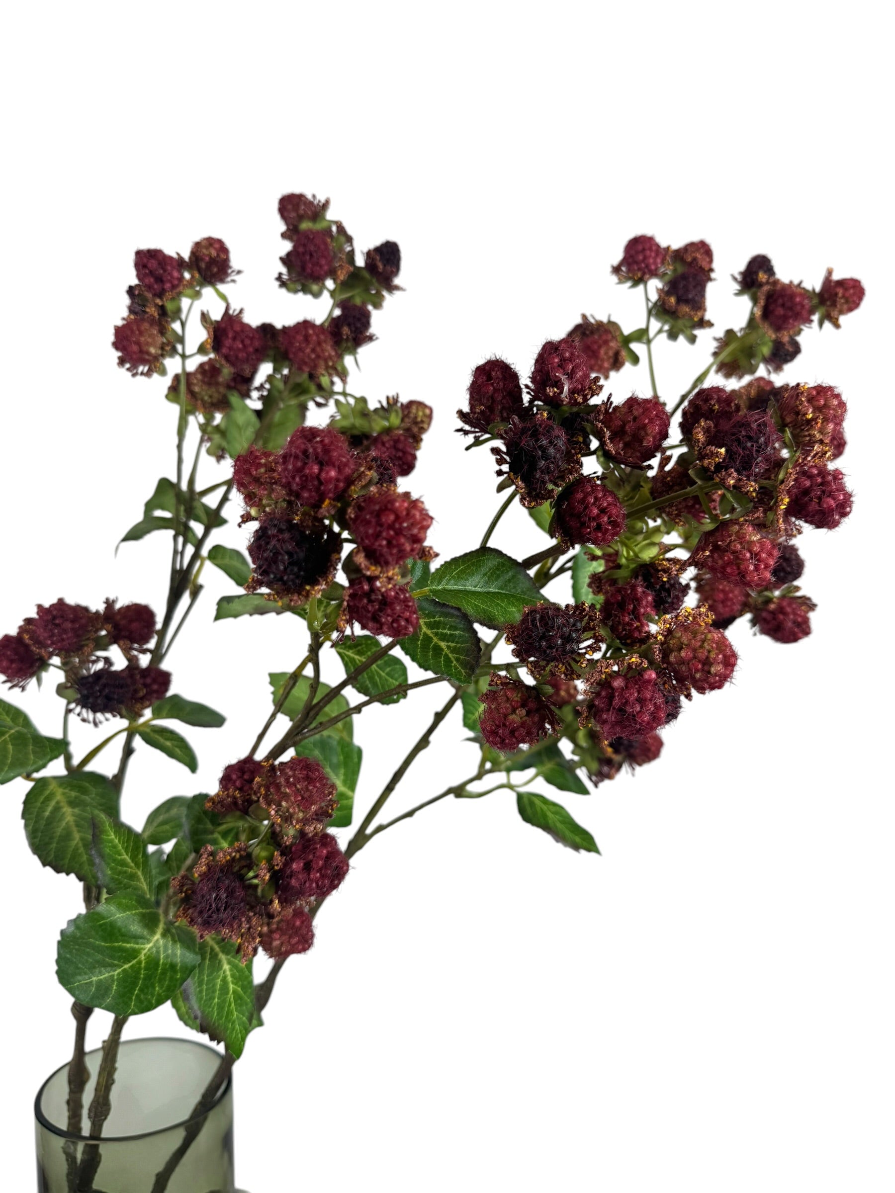 Artificial Bloom 30.5-inch tall faux raspberry spray with realistic dark red berries and green leaves in a glass vase.
