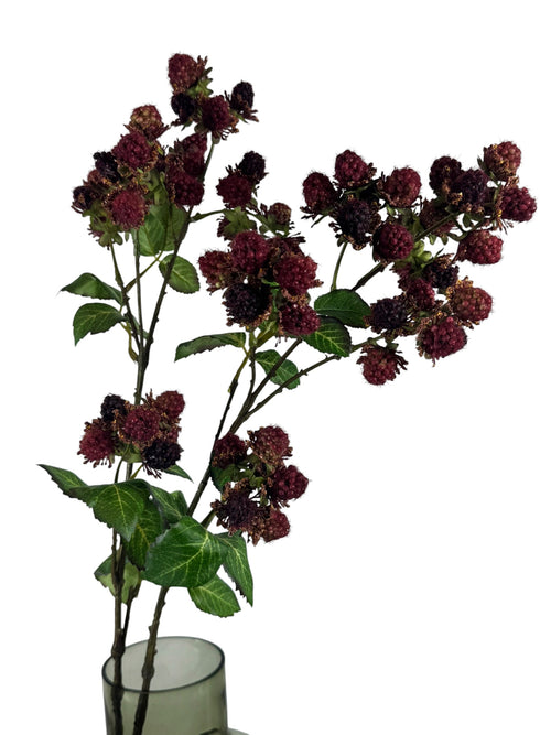 Artificial Bloom 30.5-inch tall faux raspberry spray with deep red and dark purple berries and green leaves.