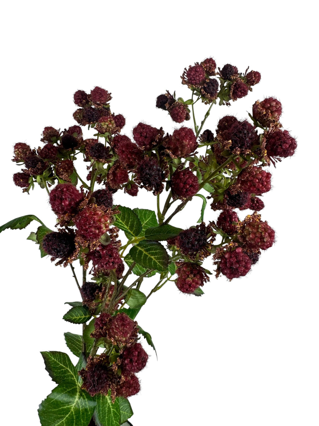 Artificial Bloom 30.5-inch tall faux raspberry spray with deep red textured berries and realistic green leaves.