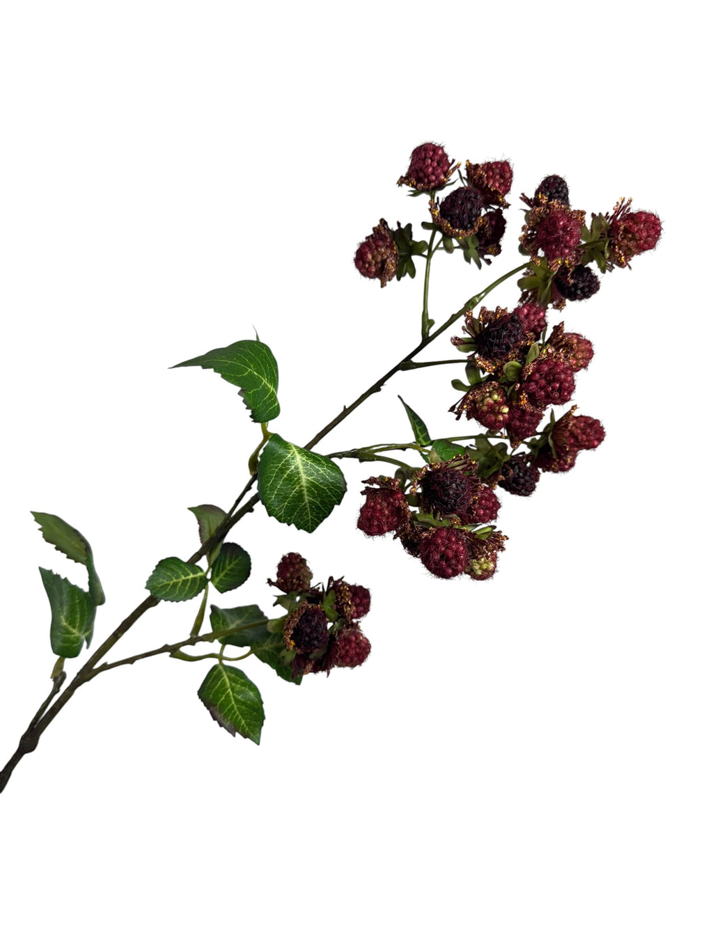 Artificial Bloom 30.5-inch tall faux raspberry spray with realistic dark red berries and green leaves on a stem
