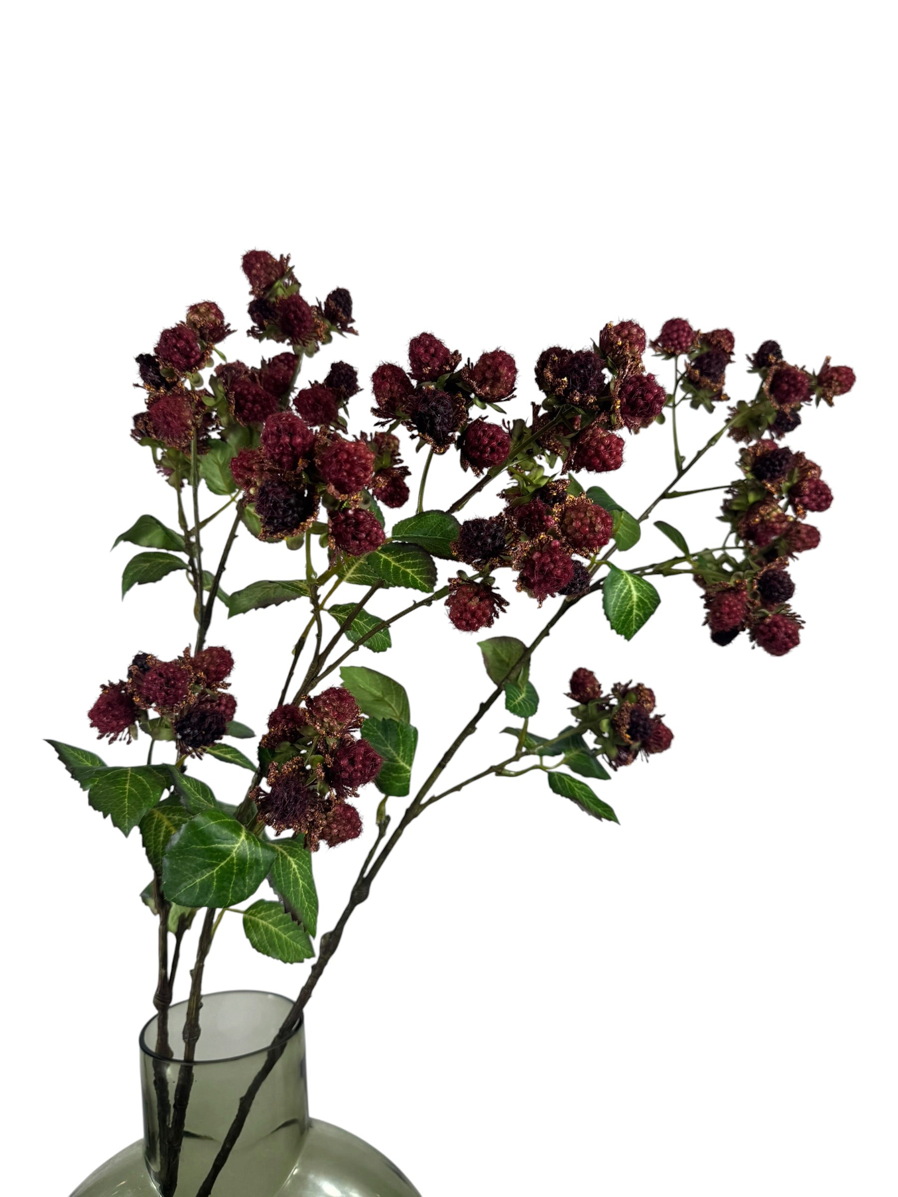 Artificial Bloom 30.5-inch tall faux raspberry spray with deep red berries and green leaves in a glass vase