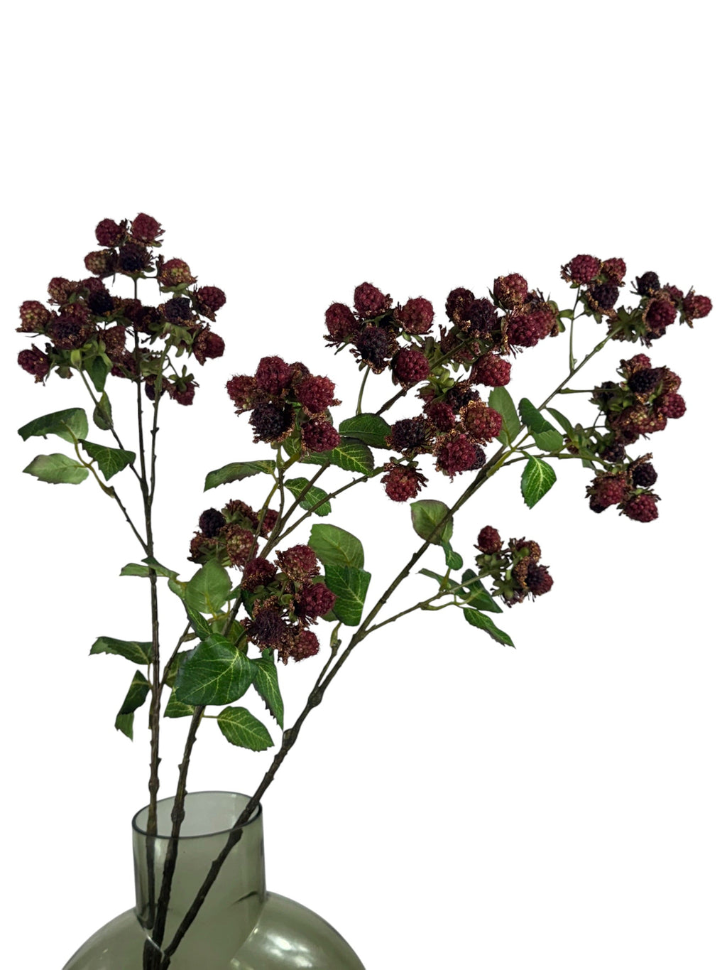Artificial Bloom 30.5-inch tall faux raspberry spray with realistic dark red berries and green leaves in a glass vase