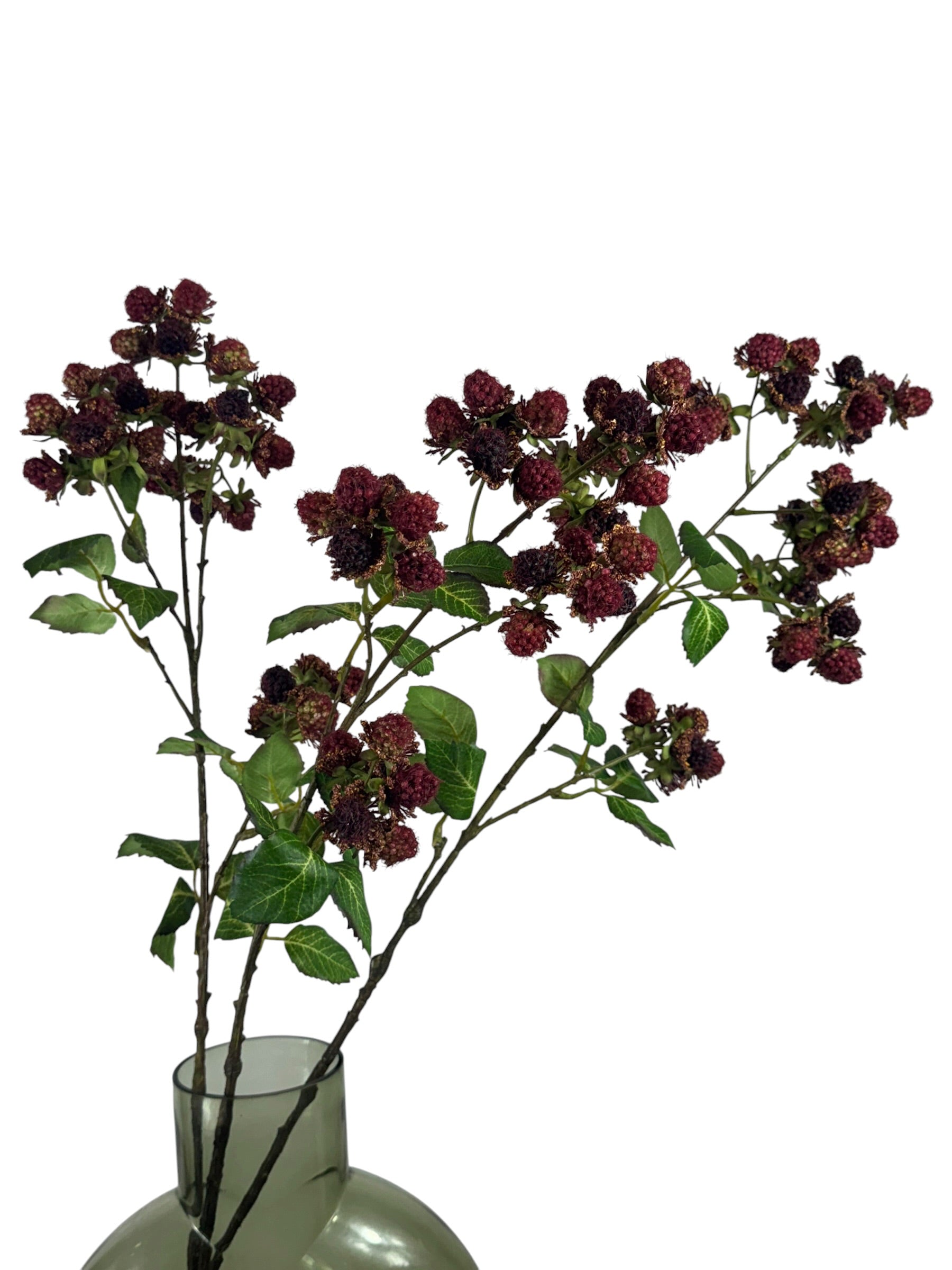 Artificial Bloom 30.5-inch tall faux raspberry spray with realistic dark red berries and green leaves in a glass vase