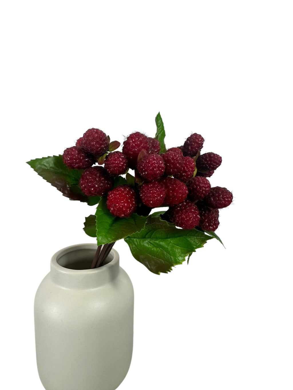 Artificial Bloom artificial raspberry stem with realistic red berries and green leaves in a minimalist ceramic vase