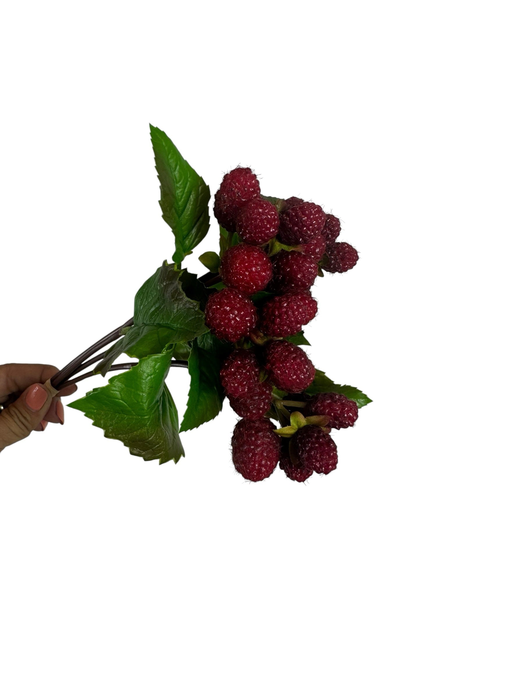 Artificial Bloom artificial raspberry stem with realistic deep red textured berries and vibrant green leaves