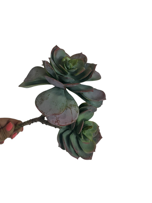 Artificial Bloom dual-rosette faux succulent stem in teal and forest green with reddish-purple leaf edges