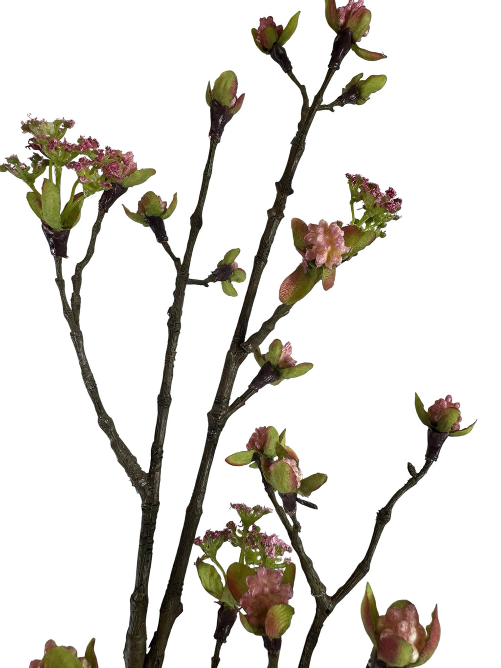 Artificial Bloom decorative flowering branch with textured brown bark, soft pink blossoms, and vibrant green leaves.