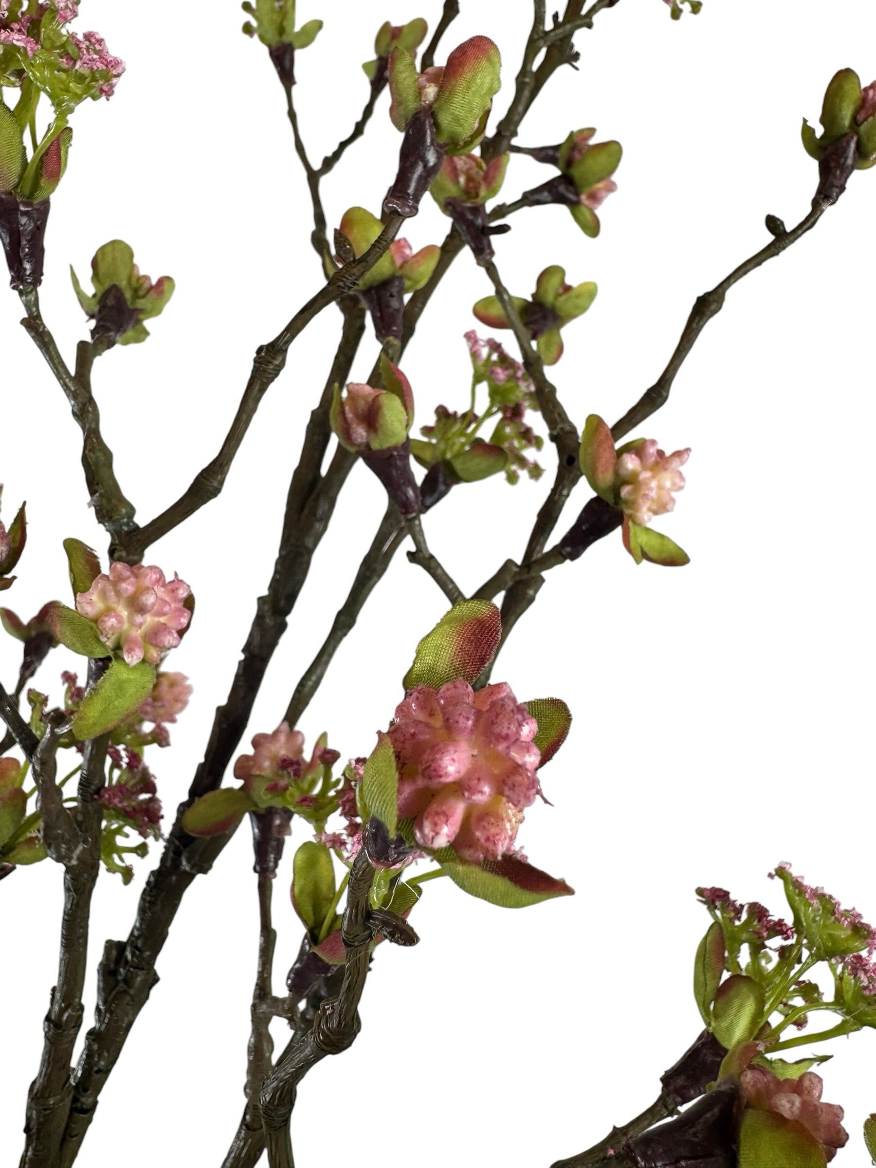 Artificial Bloom decorative flowering branch with realistic brown bark, soft fuchsia blossoms, and vibrant green leaves.