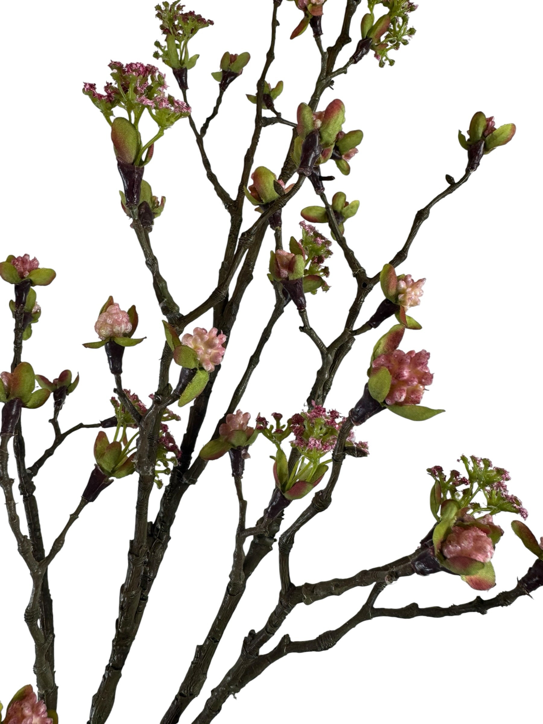 Artificial Bloom decorative flowering branch with realistic brown bark, pink budding blossoms, and green leaves.