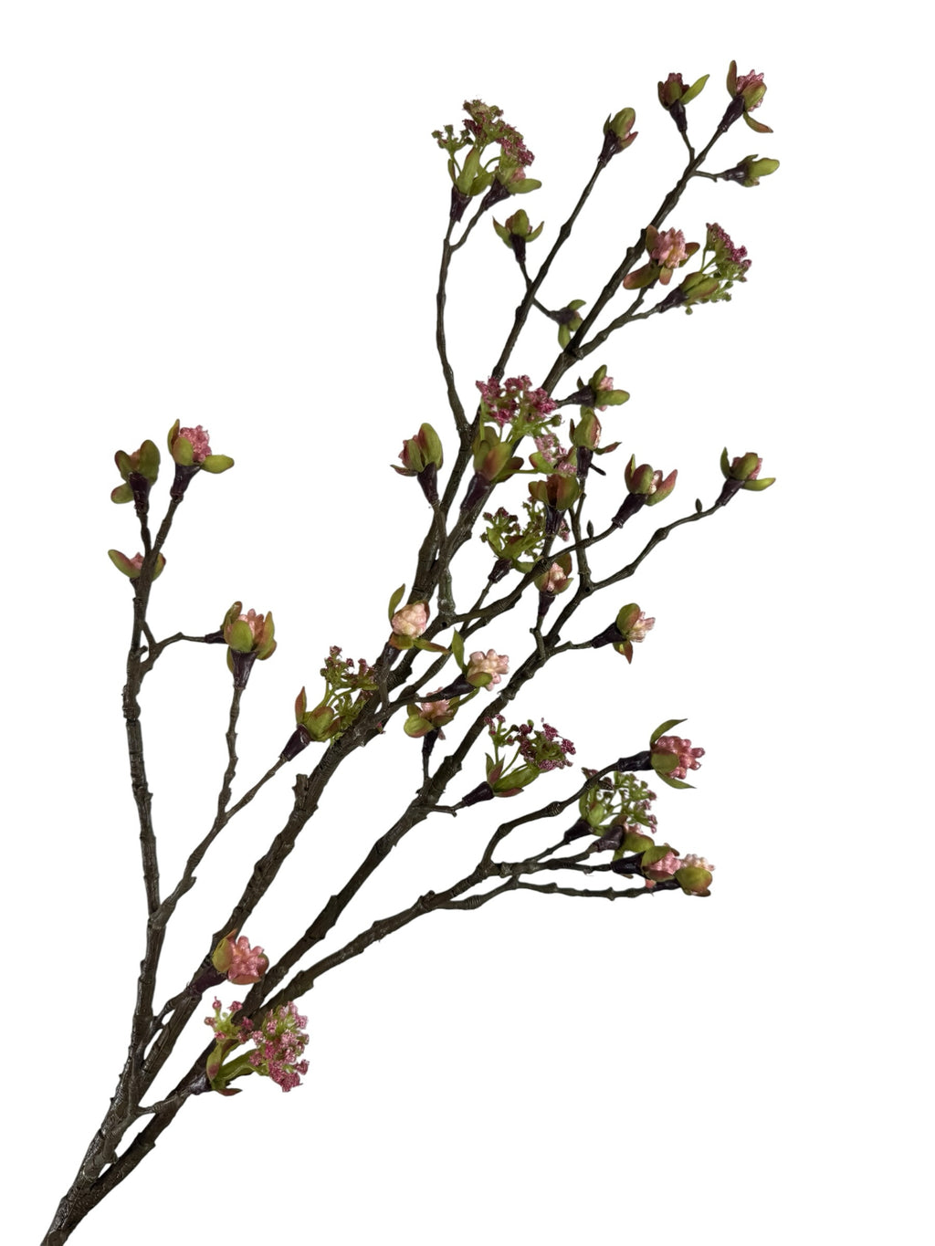 Artificial Bloom decorative flowering branch with textured brown bark, soft pink buds, and vibrant green leaves.